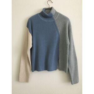 SIX/FIFTY Sweater Women's S Colorblock Turtleneck Blue Gray Cream Cable Knit